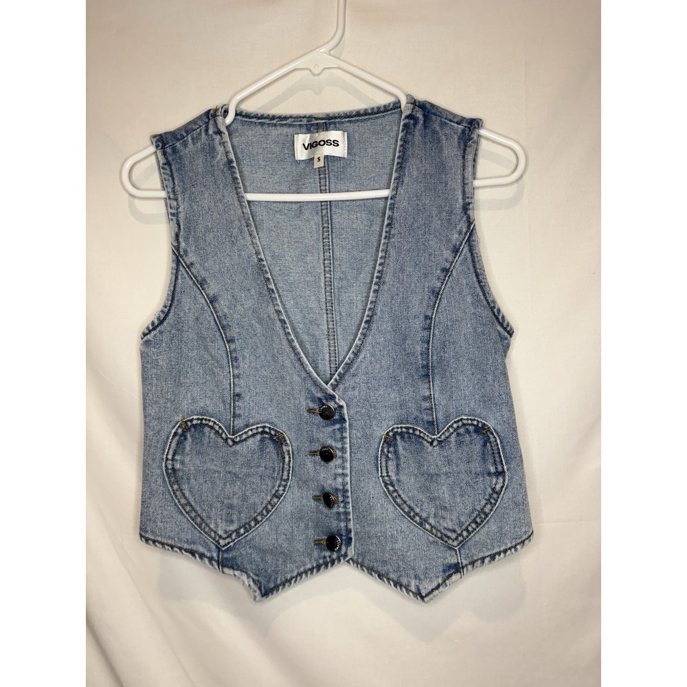 Vigoss Denim Vest Women's Small Heart Pockets Button Front Western Y2K Cowgirl